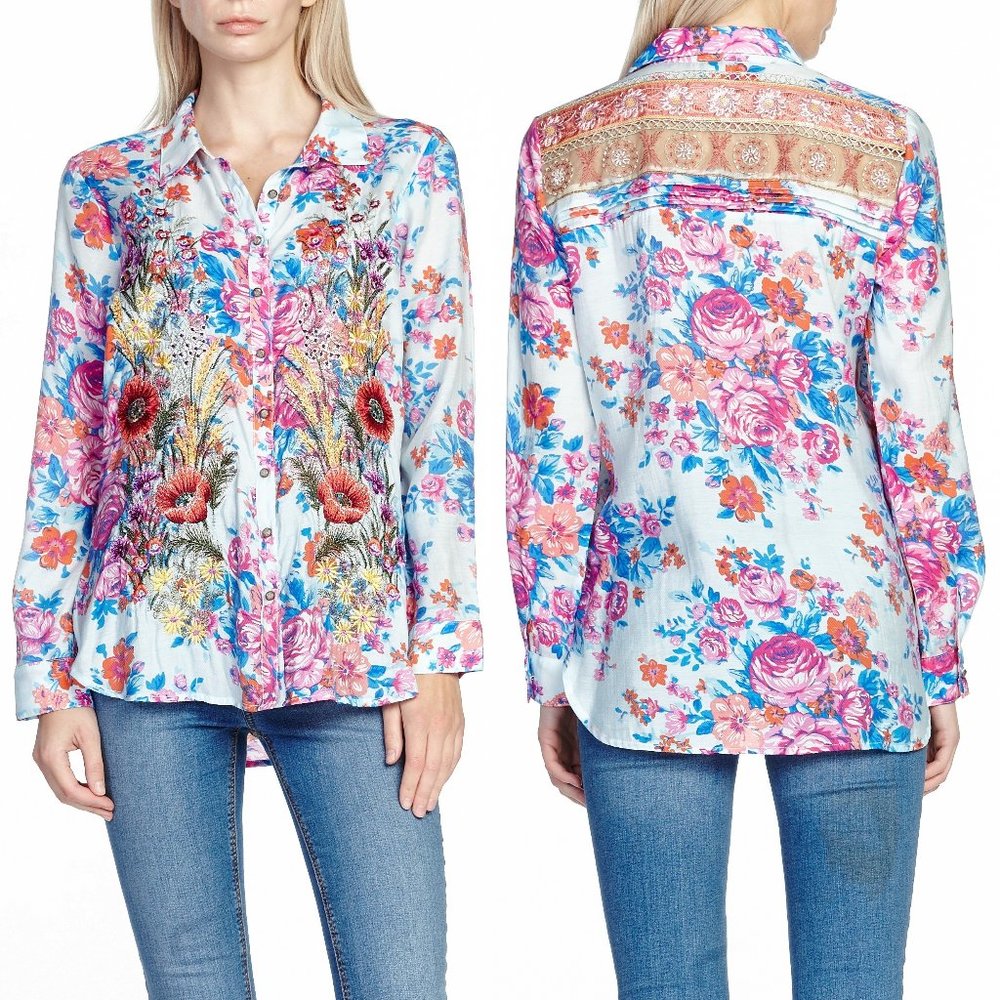 Aratta Our Hearts Floral Shirt • Small • Reg $182 • Floral • Embroidered
